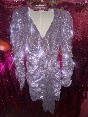Lavender Sequin V-Neck Long Sleeve Mini Dress